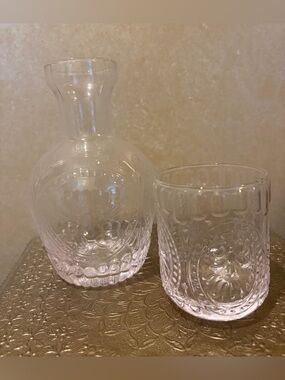 Clear Embossed Bedside Glass Carafe and Cup - Classic Clear NWT